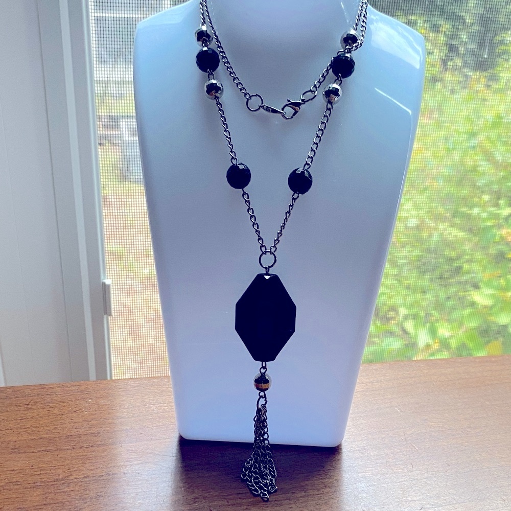 Black and Silver Necklace with tassel and big bead pendant